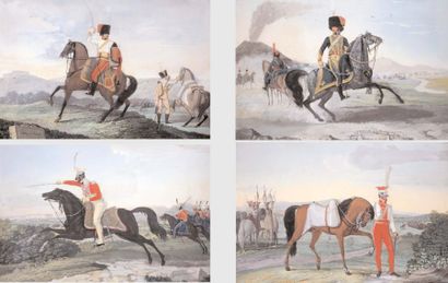 null Quatre grandes gouaches napolitaines représentant des cavaliers du royaume de...