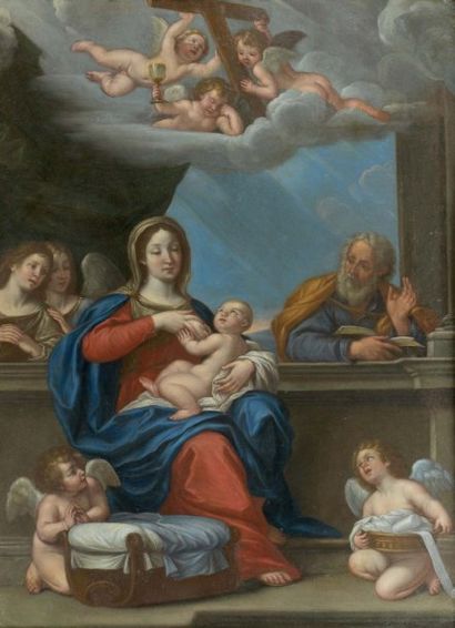 Ecole ITALIENNE du XVIIème siècle, suiveur de l'ALBANE La Sainte Famille avec les...