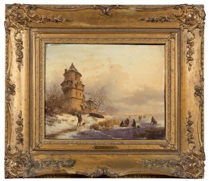 Jan Adam KRUSEMAN (Haarlem 1804 - 1862) Paysage d'hiver Panneau, signé et daté en...