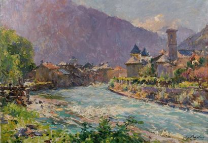 Julien-Gustave GAGLIARDINI (1846-1927) Torrent dans les Alpes Huile sur toile, signée...