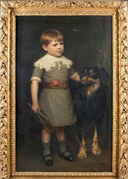 Nicolas SICARD (1840-1920) Enfant au chien - 1883 Huile sur toile, signée en bas...