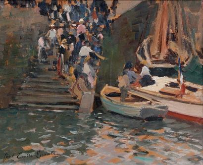 Paul-Emile LECOMTE (1877-1950) Le débarcadère Huile sur carton, signée en bas à gauche,...