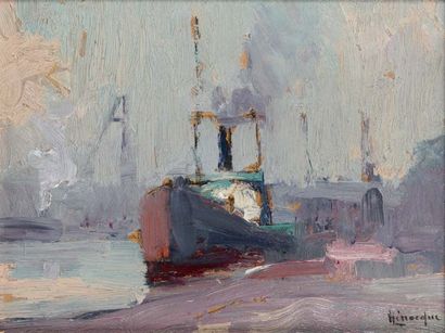 Narcisse HENOCQUE (1879-1952) Vapeur au port de Rouen Huile sur panneau, signée en...