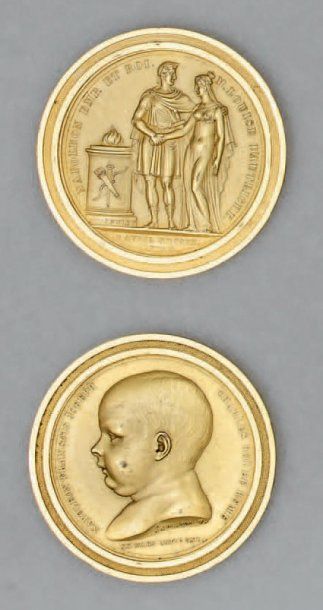 null Deux médailles uni face en laiton doré, formant paire, mariage de Napoléon avec...