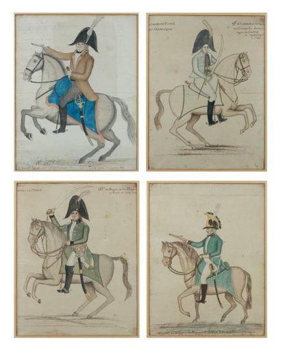 null Six dessins aquarellés, Militaires des régiments émigrés : Cavaliers : -Armée...