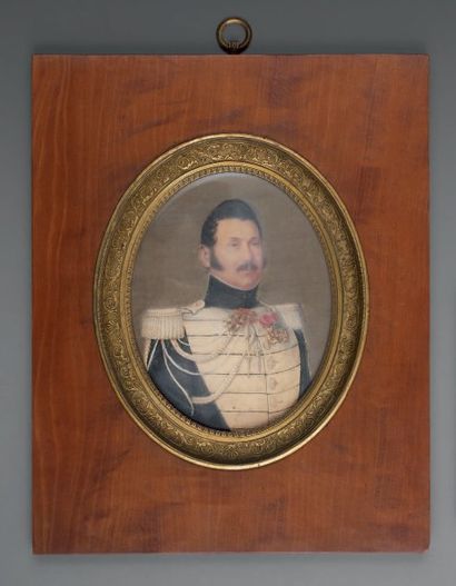 null Grande miniature ovale sur vélin : Portrait du Baron Revel en uniforme de colonel...