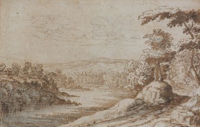 Ecole FRANCAISE du XVIIIème siècle Paysage à la rivière et aux grands arbres Plume...