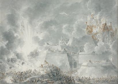 Dirk LANGENDYCK (Rotterdam 1748 - 1805) L'attaque d'une ville fortifiée Plume et...