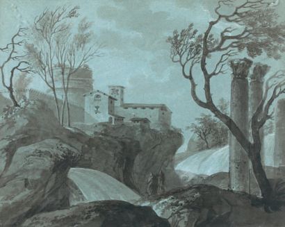 Attribué à Thomas de THOMON (1754 -1813) Promeneurs dans la tempête près d'un château...