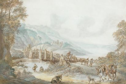 Simeon Andreas KRAUSZ (La Haye 1760 - 1825) Promeneurs sur un pont dans un paysage...