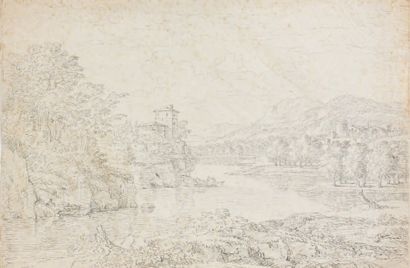Ecole FRANCAISE du XVIIIème siècle Paysage de lac au château fort Plume et encre...