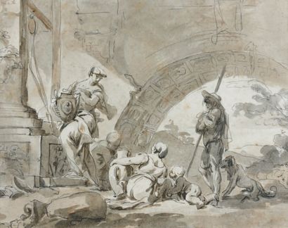 Attribué à Pierre Charles LE METTAY (1726 -1759) Italiennes puisant de l'eau Plume...