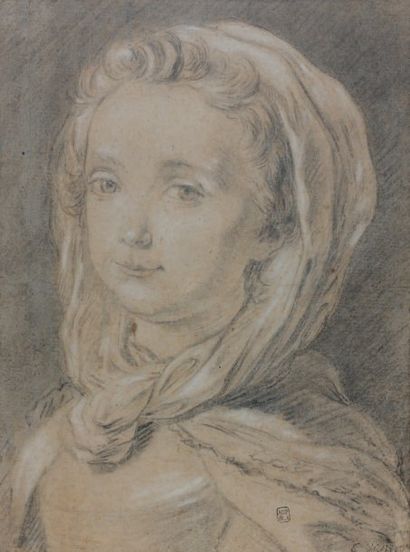 Carle VAN LOO (Nice 1705 - Paris 1765) Portrait de jeune fille Pierre noire et rehauts...
