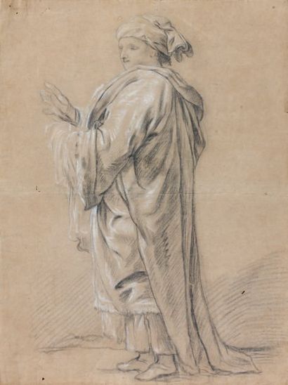 Attribué à Jean Simon BERTHELEMY (1743 - 1811) Etude de figure dans un long manteau...