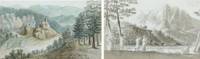 Attribué à Salomon GESSNER (1730 - 1788) Promeneurs sur une route de montagne menant...