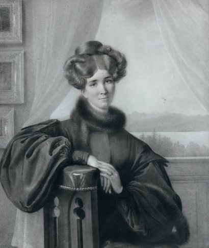 Amélie MUNIER - ROMILLY (Genève 1788 - 1875) Portrait de femme accoudée, devant une...