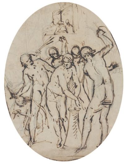 Ecole ITALIENNE du XVIIème siècle La Flagellation du Christ Pierre noire, plume et...