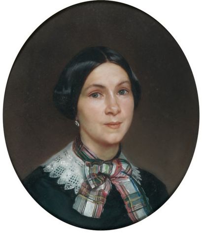 Léon RIESENER (Paris 1808 - 1878) Portrait de femme au noeud écossais Gouache et...