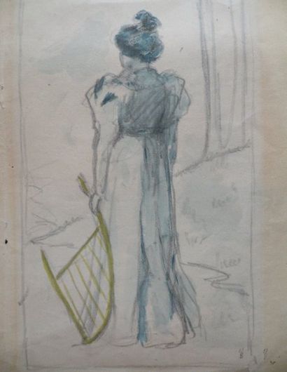 Maurice DENIS (1870-1943) Femme à la harpe mésopotamienne Fusain aquarellé. Monogramme...