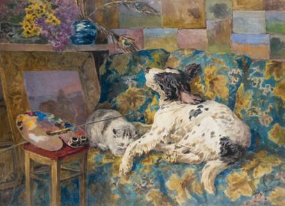 Marie Didière CALVES (Paris 1883 - Soncourt-sur-Marne 1957) Chien et chat dans l'atelier...