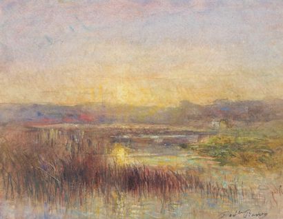 François Auguste RAVIER (Lyon 1814 - Morestel 1895) Paysage de marais au soleil couchant...