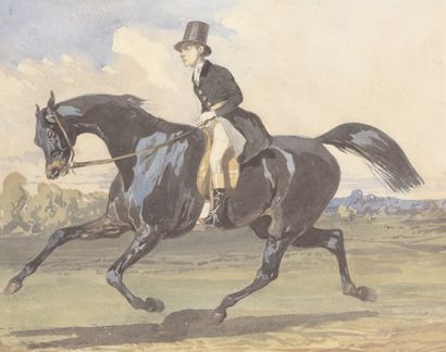 Alfred DE DREUX (Paris 1810 - 1860) Ecuyer sur un cheval noir Aquarelle 21,6 x 27,3...