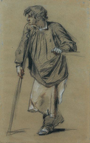 Isidore PILS (Paris 1813 - Douarnenez 1875) Homme appuyé sur une béquille Pierre...