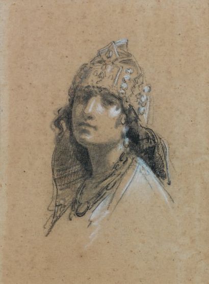 Isidore PILS (Paris 1813 - Douarnenez 1875) Portrait d'orientale Crayon noir et rehauts...