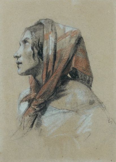 Isidore PILS (Paris 1813 - Douarnenez 1875) Femme de profil au foulard Crayon noir,...