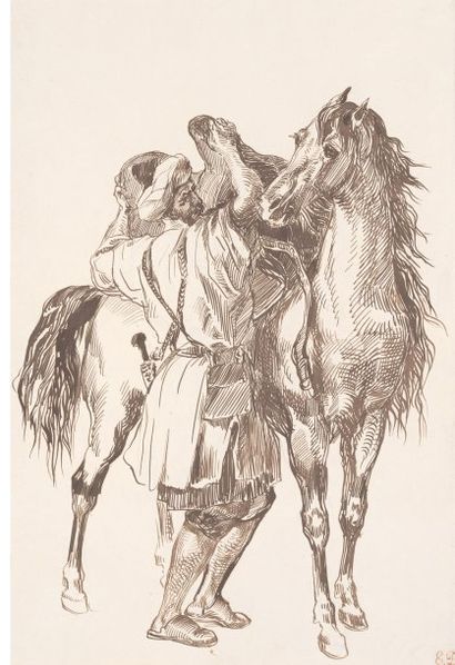 Eugène DELACROIX (Charenton, Saint Maurice (1798 - Paris 1863) Cavalier arabe sellant...