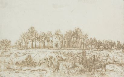 Théodore ROUSSEAU (1812-1867) Bergers et moutons Encre brune, signée en bas à gauche...