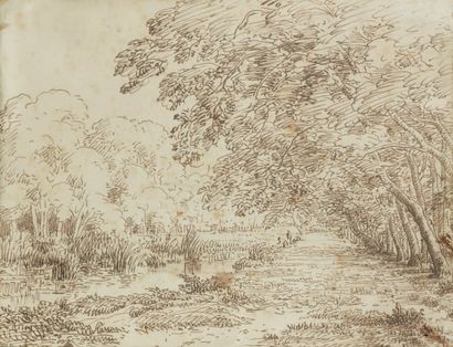 Théodore ROUSSEAU (1812-1867) Paysage Encre de Chine signée en bas à droite du cachet...