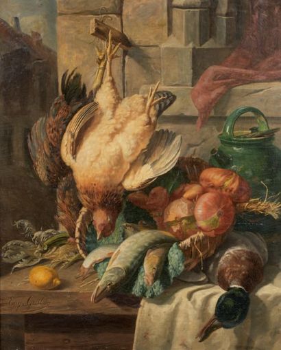 Eugène GRABON Nature morte aux volailles et poissons Huile sur toile, signée en bas...