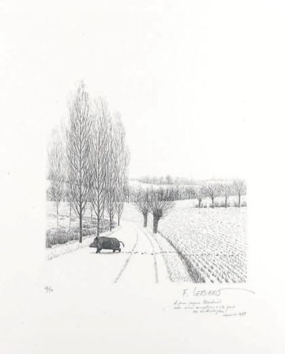 François LEBERT Sanglier dans la neige Gravure dédicacée, signée, numérotée 17/50...