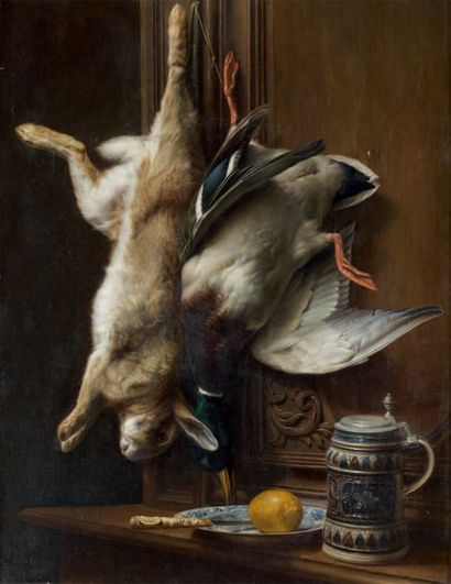 Félix CLOUET ( ? - 1882) Nature morte au colvert et au lapin Huile sur toile, signée...