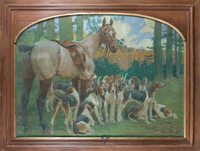 J.PINCHON (1871 - 1953) Scène de vénerie Grand pastel encadré Dim. 113 x 154 cm....