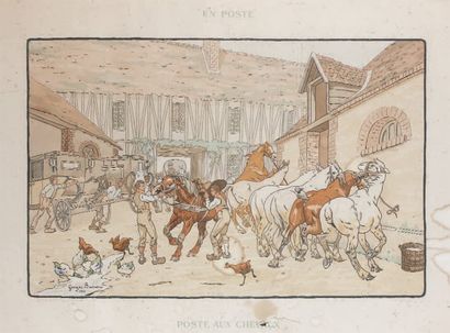 Georges BUISSON Poste aux chevaux Gravure en couleurs encadrée 56 x 78 cm. Accidents...