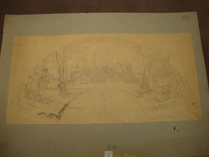 Ecole française XIXème Projet d'éventail Dessin au crayon Dim. 28 x 57,5 cm