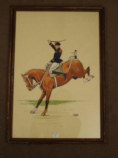 LE RALLIC Cavalier du Cadre Noir Gravure en couleur encadrée. Dim. 47 x 32 cm