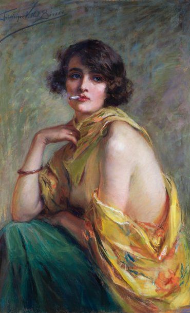 VALLET BISSON Frédérique (1865-?) « Femme à la cigarette ». Pastel sur papier marouflé...