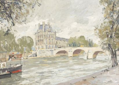 Attribué à Paul MATHIEU (1872-1932) Pont Neuf et Pavillon de flore Huile sur panneau,...