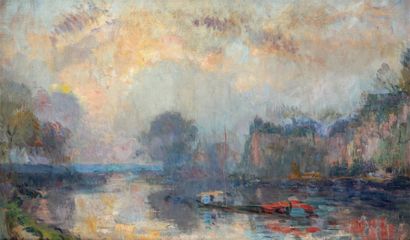 Albert LEBOURG (1849-1928) Péniche à Charenton Huile sur toile, signée et située...