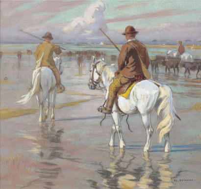 Edouard DOIGNEAU (1865-1954) Le retour du troupeau en Camargue Aquarelle et gouache,...