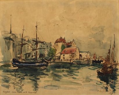 Fernand HERBO (1905-1995) Marée basse en Bretagne Gravure aquarellée, signée en bas...