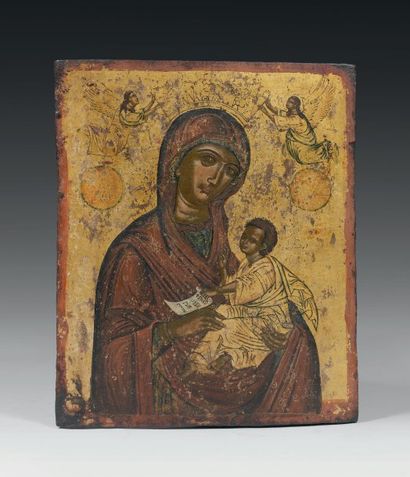 null Vierge à l'Enfant couronné par les anges Tempera sur bois XVIIème siècle Grèce...