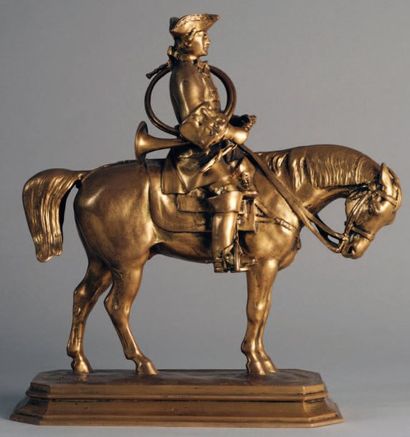 Antoine-Louis BARYE (1795-1875) Piqueur en costume Louis XV Bronze à patine dorée....