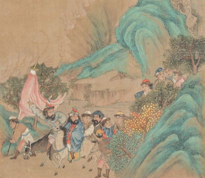 CHINE Album comprenant douze encres polychromes sur soie, mongols sur leur voyage....