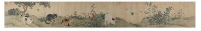 CHINE Encre et couleurs sur soie, représentant quatre chats parmi des fleurs.
Signature...