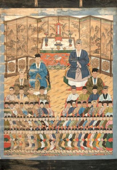 CHINE Deux peintures d'ancêtres, encre et couleurs sur soie, représentant plusieurs...