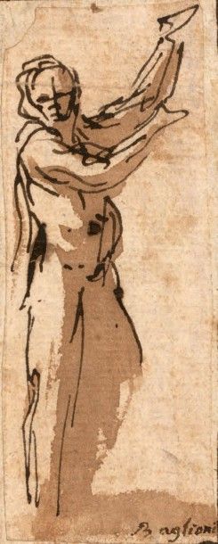 Attribué à Giovanni BAGLIONE (1566 - 1643) 
Etude de figure les bras levés
Plume...
